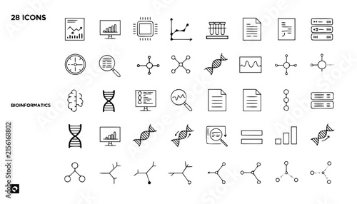 Set of 28 bioinformatics line icons isolated on white background. medical research symbols.