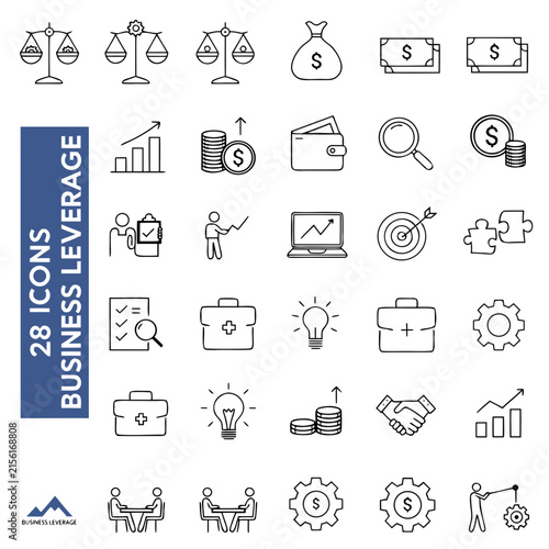 Set of 28 business leverage line icons isolated on white background. financial strategy symbols.