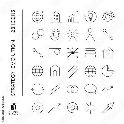 Strategic planning and corporate development line icons for visual business presentations.