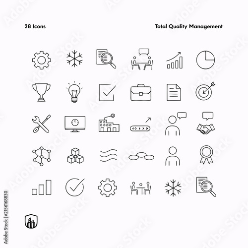 Total quality management business icons set for workflow and improvement.