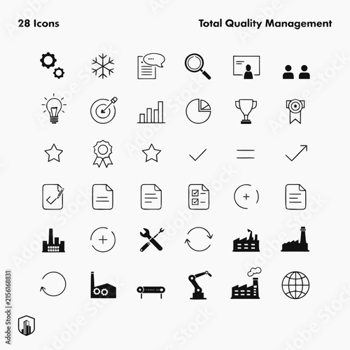 Set of 28 total quality management line icons isolated on white background. industry symbols.