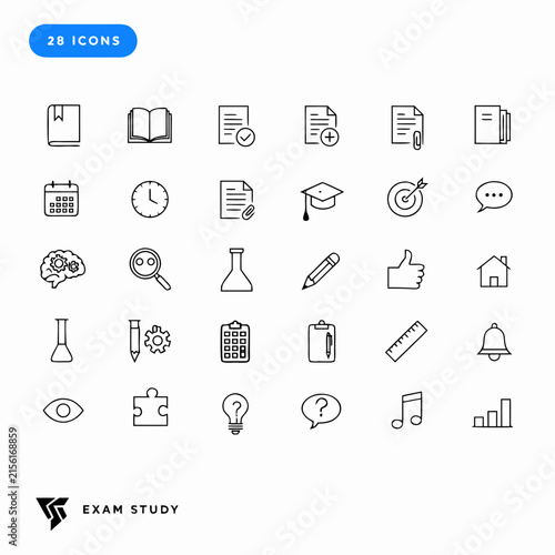 Academic exam and study planning outline icon set for digital education learning center tools.