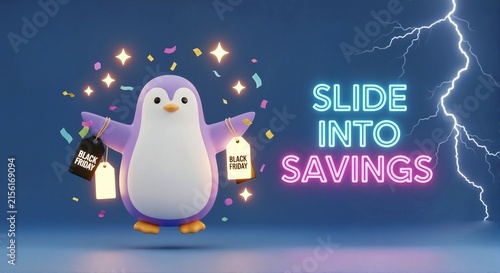 Black Friday sale banner with cute penguin holding price tags. Slide into savings neon sign on blue background. Winter retail promotion and discount event