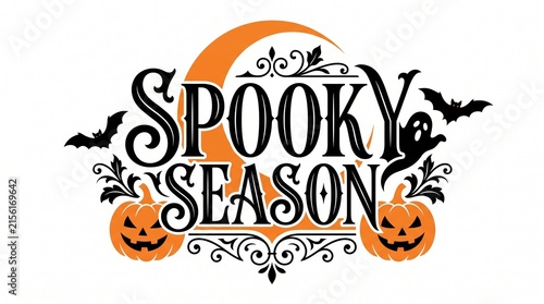 Watercolor spooky season lettering with pumpkins bats and crescent moon illustration