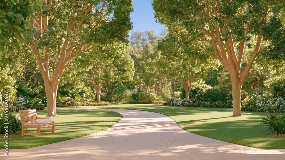 Obraz premium Peaceful garden path lined with trees under soft morning light