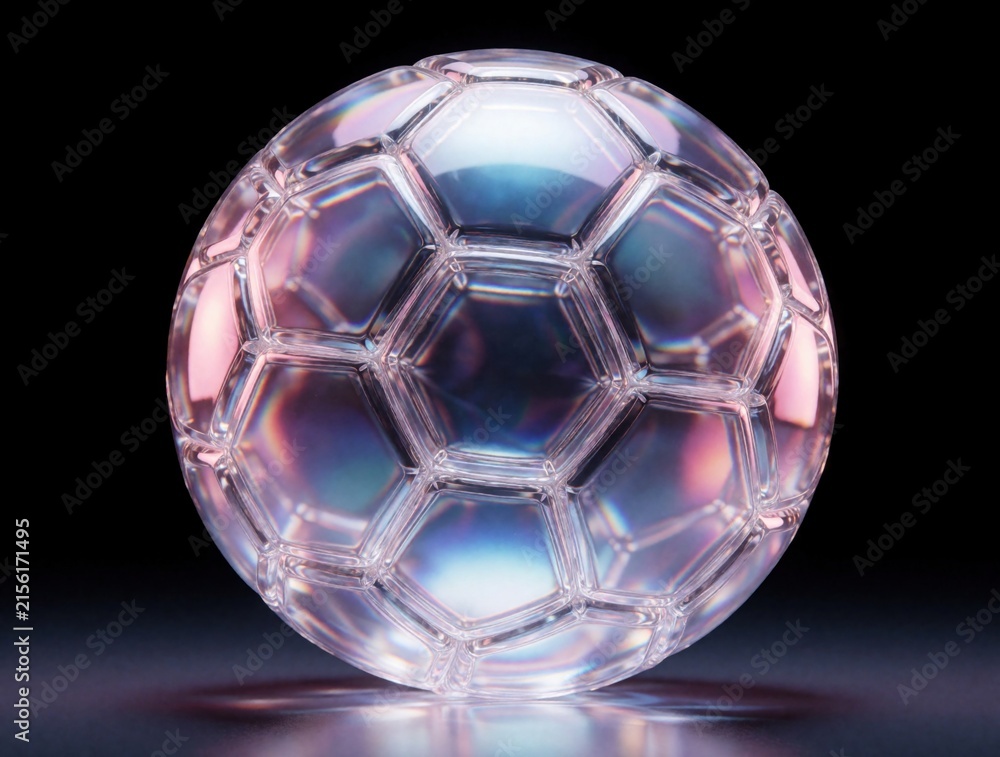 Naklejka premium Crystal soccer ball with iridescent light reflections on black background. Transparent glass football sphere glows with rainbow colors. Abstract 3D render of football object for sport concept,