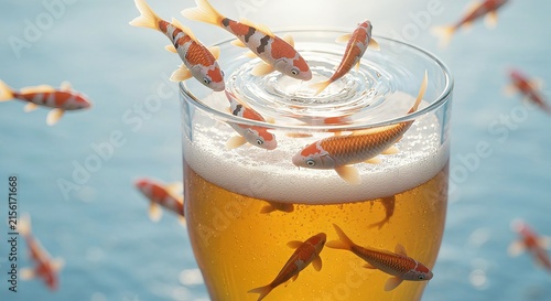 Surreal pint with koi swimming through frothy head, glossy reflections, dreamlike detail
