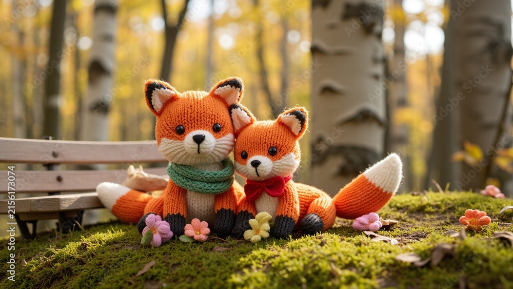 Naklejka premium Cute Knitted Fox Couple in Flower Garden