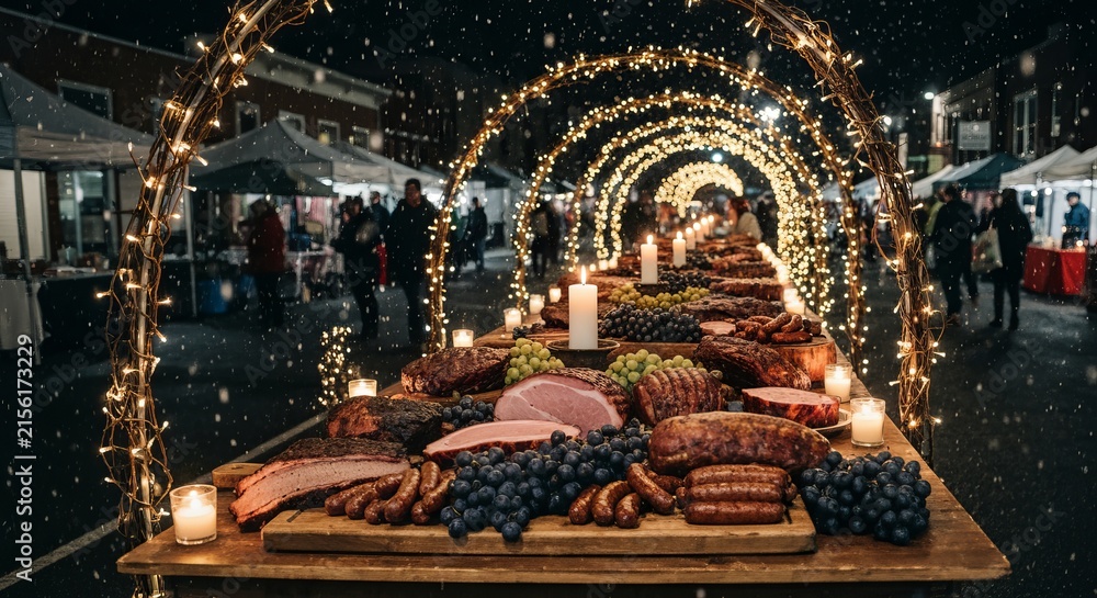 Obraz premium Long table of smoked meats and clustered grapes under vine arches, candlelight and gentle snowfall at a street fair