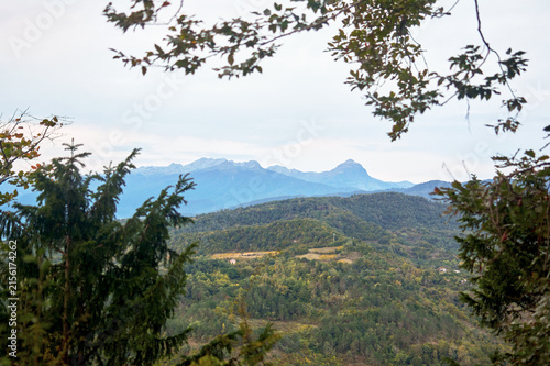 Panoramic view of mountains and hills framed by coniferous and deciduous branches. Forested terrain, small clearings. Overcast sky, calm atmosphere.