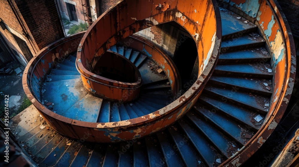 Fototapeta premium Rusty spiral staircase inside abandoned industrial building. Peeling paint on metal structure. Architectural detail of decay, decline, and urban exploration.