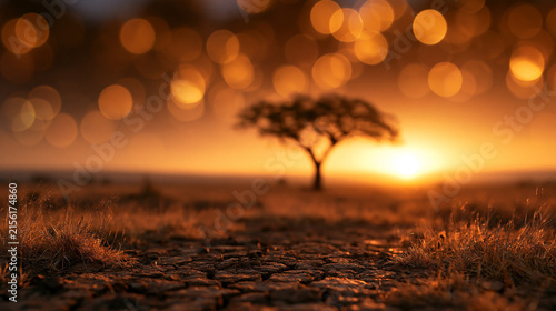 Cracked Dry Earth in Arid Savanna at Sunset