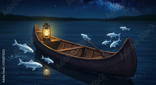 Rustic canoe with lantern and silver fish leaping around it under a starry sky, cinematic lighting, painterly