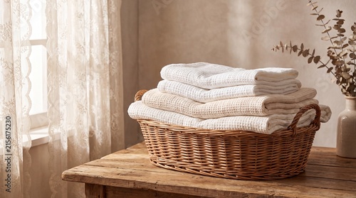 Towels neatly folded inside a wicker basket sit on a rustic wooden table beside a sunlit window.