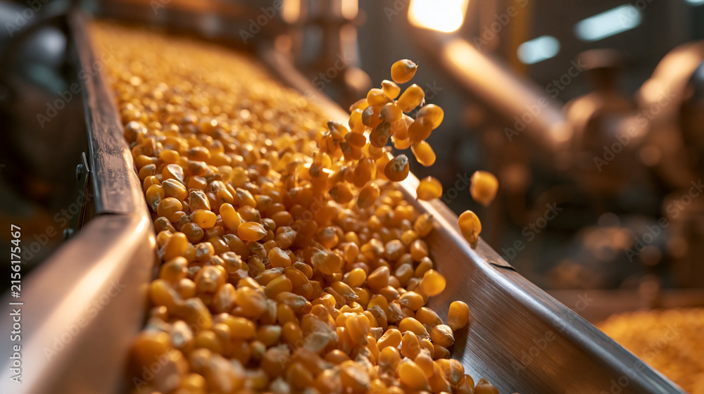 © BlackBridge Media - Corn Kernels Moving Along Conveyor Belt in Processing Factory