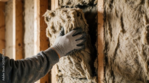 Worker installs fluffy insulation material into wooden wall frame. Close up hand with glove pushes soft fiberboard batts for energy efficiency in new house construction.