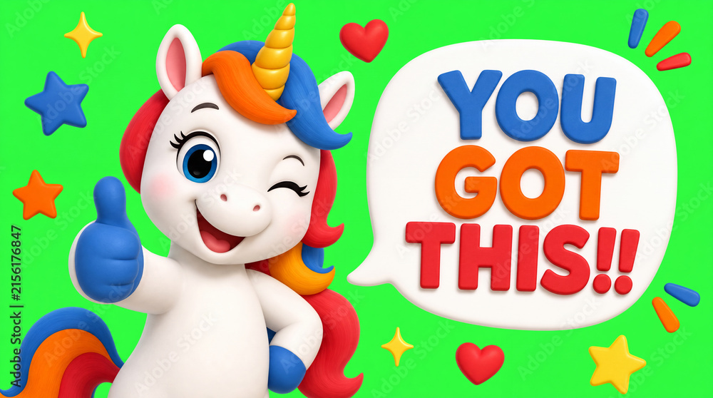 Naklejka premium Cute cartoon unicorn winks and gives thumbs-up next to YOU GOT THIS!! speech bubble on green background with stars and hearts