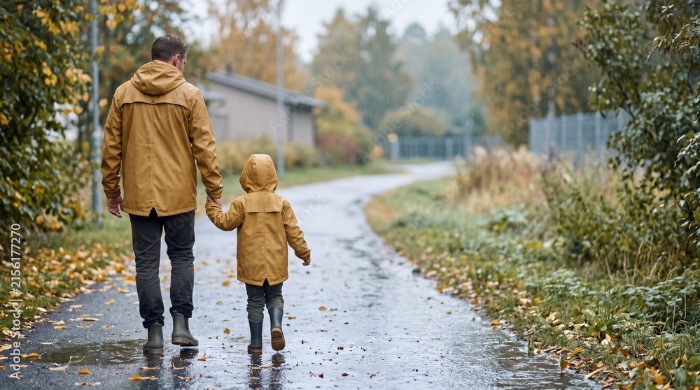 Fototapeta premium Father and child walking together on a wet path in autumn rain