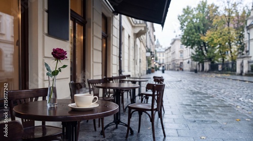 Hot cup of coffee and red rose on outdoor cafe table on rainy day