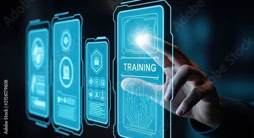 Futuristic digital interface screens displaying data analytics and holographic technology elements in a dark virtual reality environment