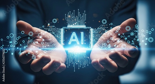 Human hands holding a glowing digital chip representing artificial intelligence and advanced machine learning technology concepts