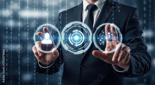 Businessman interacting with digital interface icons representing human resources management and global corporate networking and communication technology