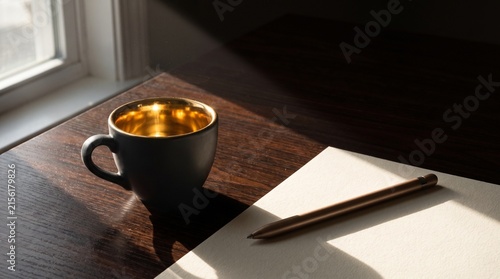 black coffee cup with gold interior and pen on table