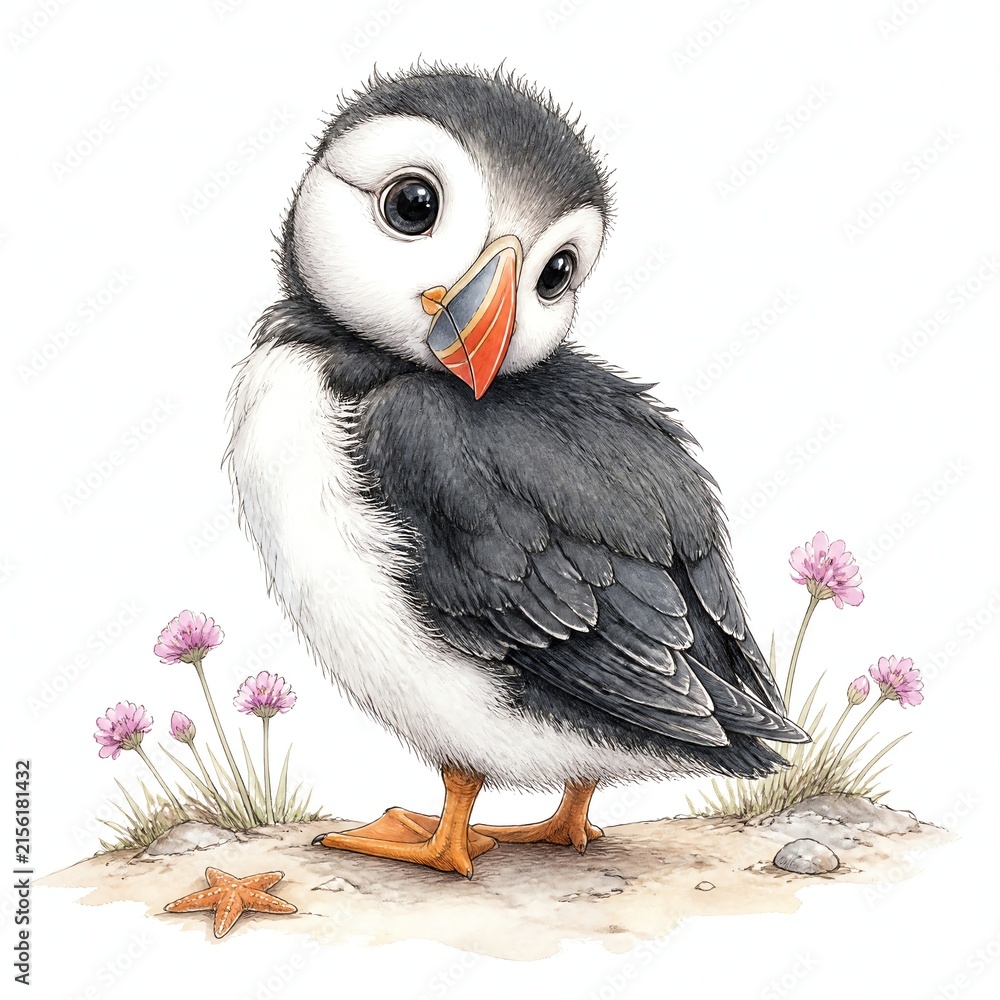 Fototapeta premium Cute Puffin Chick Peeking Over Shoulder