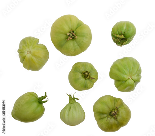 Set of Eight Unripe Green Tomatoes Isolated on White Background