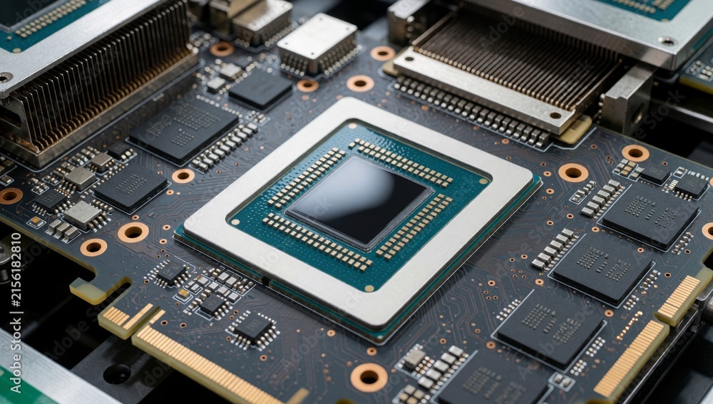 Fototapeta premium Close-up computer motherboard various electronic components main focus large rectangular chip center which app
