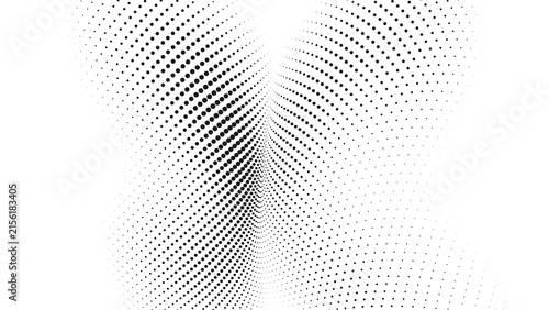 Black halftone perspective tunnel wave with dense dotted curves and fading particles on white abstract technology background