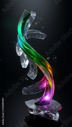 3D Abstract Dark Background: Glossy Glass Curves and Rainbow Dispersion