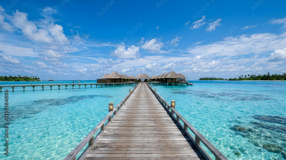 Obraz premium Wooden Walkway Leading to Overwater Bungalows on Turquoise Ocean. Tropical Resort Design, Vacation Concept, Island Getaw