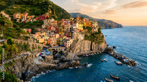 Coastal Village with Colorful Buildings on Rocky Cliff Overlooking Blue Sea. Mediterranean Seaside Town, Cliffside Archi