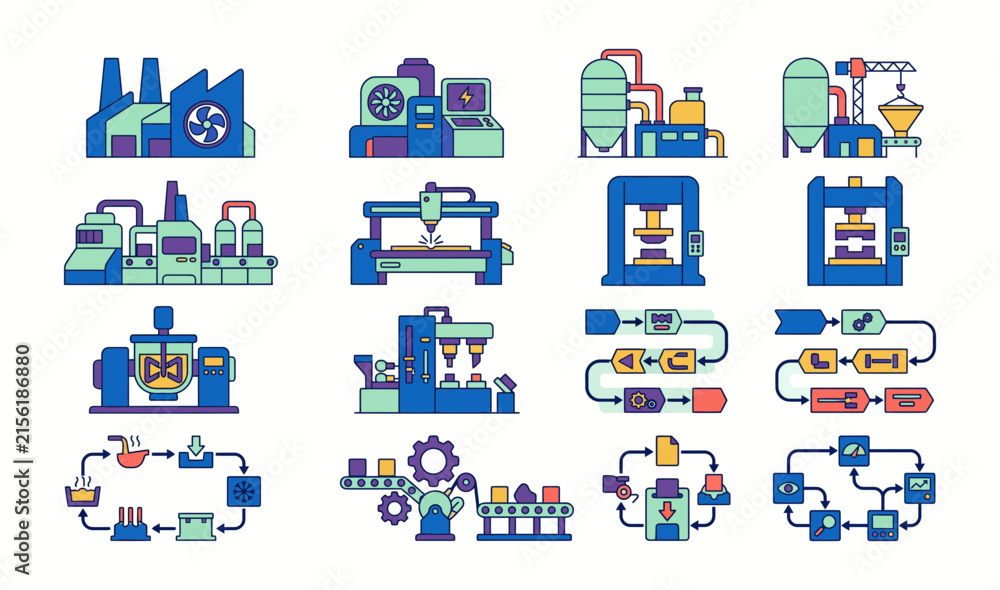 Naklejka premium Industrial production icons set featuring factories automation and manufacturing processes