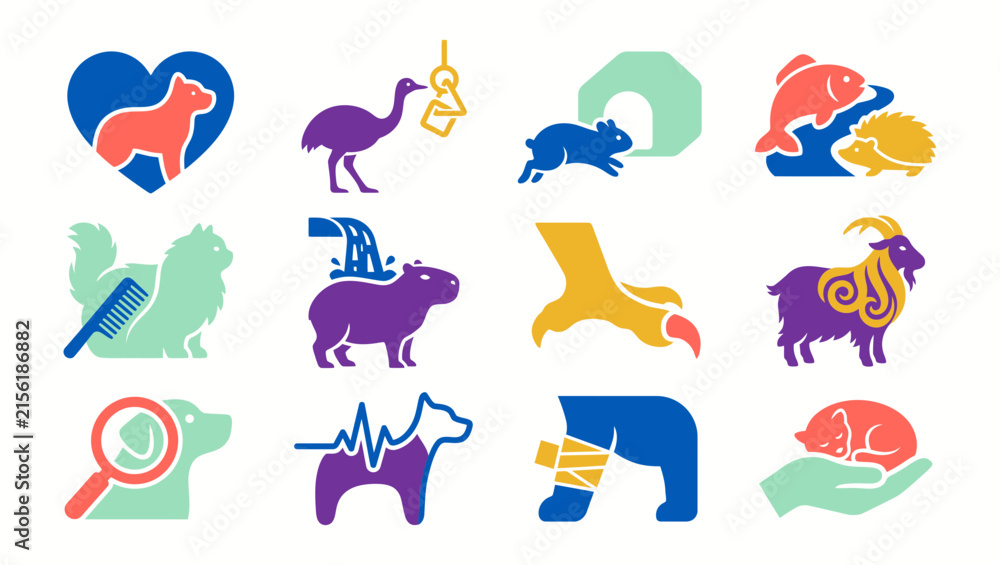 Obraz premium Colorful collection of animal icons representing veterinary care and wildlife conservation