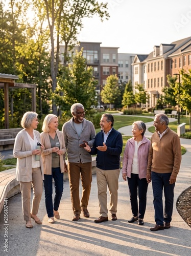 Happy senior friends walking in a landscaped community garden
