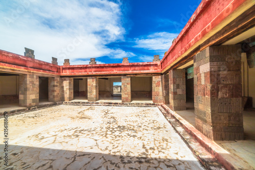 Room with original red paint, palace of Quetzalpapalotl in the pyramids of Teotihuacan, archaeological zone in the State of Mexico