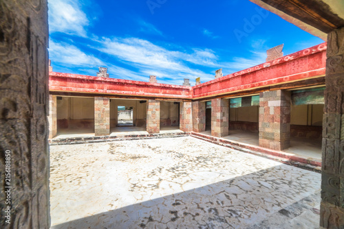 Room with original red paint, palace of Quetzalpapalotl in the pyramids of Teotihuacan, archaeological zone in the State of Mexico