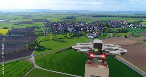 A delivery drone flies over a city and delivers a package. An aerial cargo drone carries a cardboard box to a customer. Futuristic City Concepts: A Look At The Next Generation Of Cities.