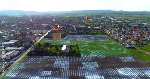 A delivery drone flies over a city and delivers a package. Futuristic City Concepts: A Look At The Next Generation Of Cities. An aerial cargo drone carries a cardboard box to a customer.