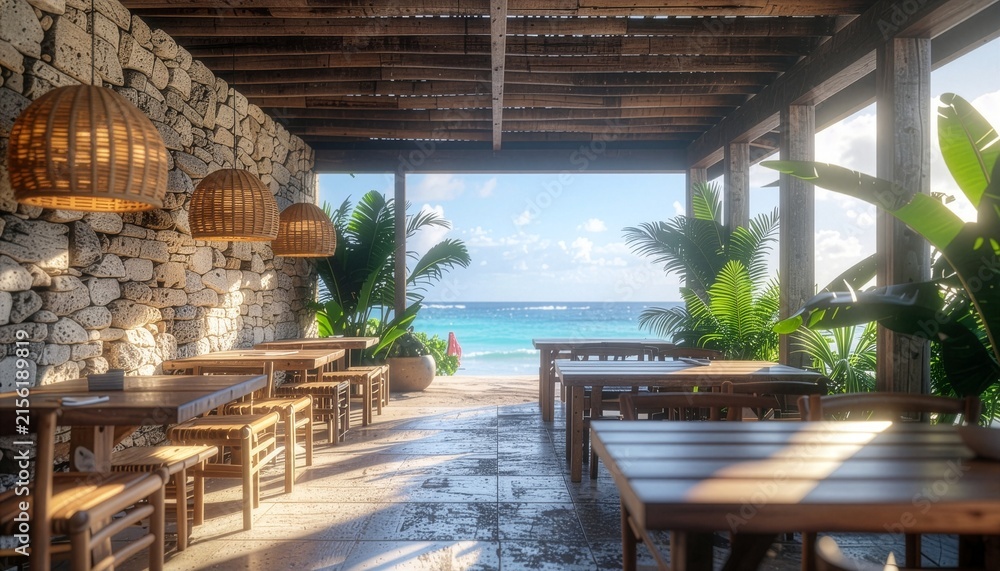 Fototapeta premium Luxury rustic beachfront restaurant interior overlooking tropical ocean
