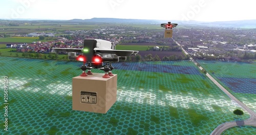 An aerial cargo drone carries a cardboard box to a customer. A delivery drone flies over a city and delivers a package. Futuristic City Concepts: A Look At The Next Generation Of Cities.