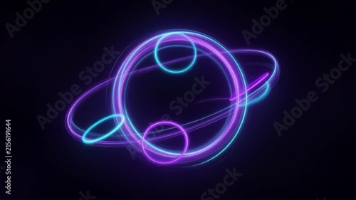 Luminous neon blue and purple rings orbiting in a futuristic abstract atomic structure on a dark background, representing energy