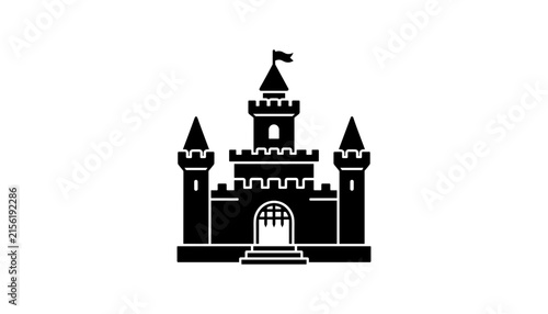 Картината върху платно Black silhouette icon of a medieval castle with towers and a flag, vector illust