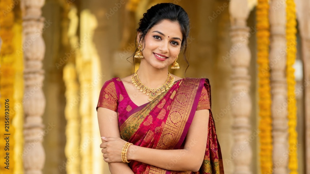 Fototapeta premium Beautiful Indian Woman in Traditional Saree and Gold Jewelry at Temple. Concept of indian wedding, tradition.