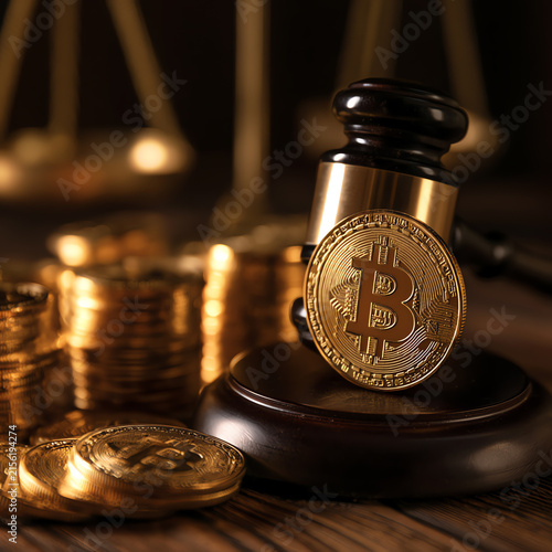 A gavel and Bitcoin coin symbolizing cryptocurrency regulation and legal aspects of digital finance.