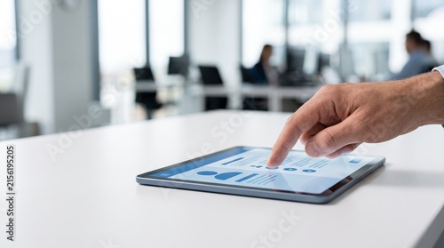 Businessman hand using digital tablet for human resources recruitment and user profile management in modern corporate office background. Touching screen app with data on white desk workstation.
