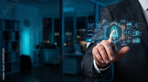 Business startup rocket launch concept with businessman touching digital interface data screen representing innovation and financial growth in modern dark office background