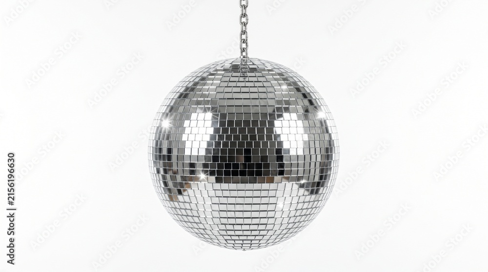 Fototapeta premium Shiny silver disco ball hanging on chain against white background